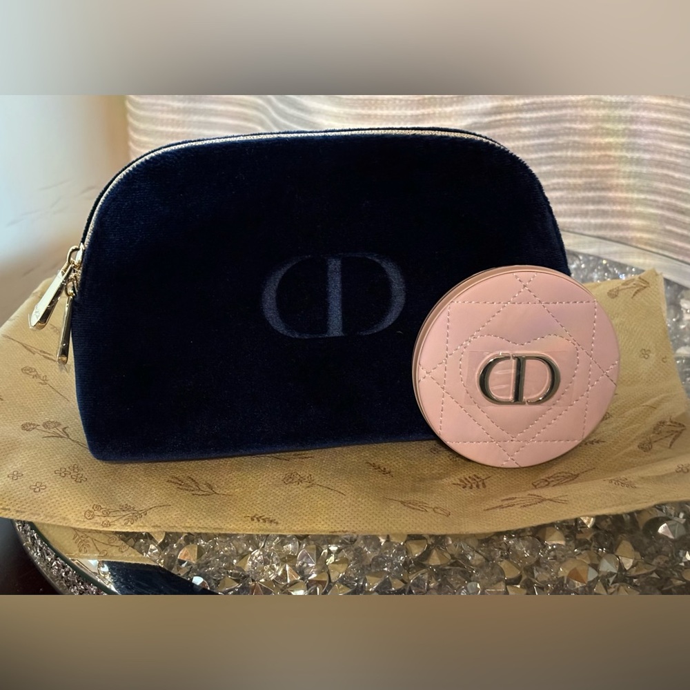 BUNDLE: 💙🩷 Dior Navy Blue Velvet Cosmetic Women's Bag, Dior Pink Compact Mirror